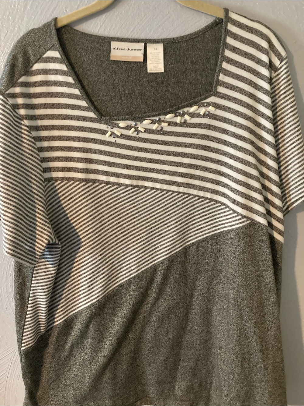 Alfred Dunner Gray & White Striped Short Sleeve Top